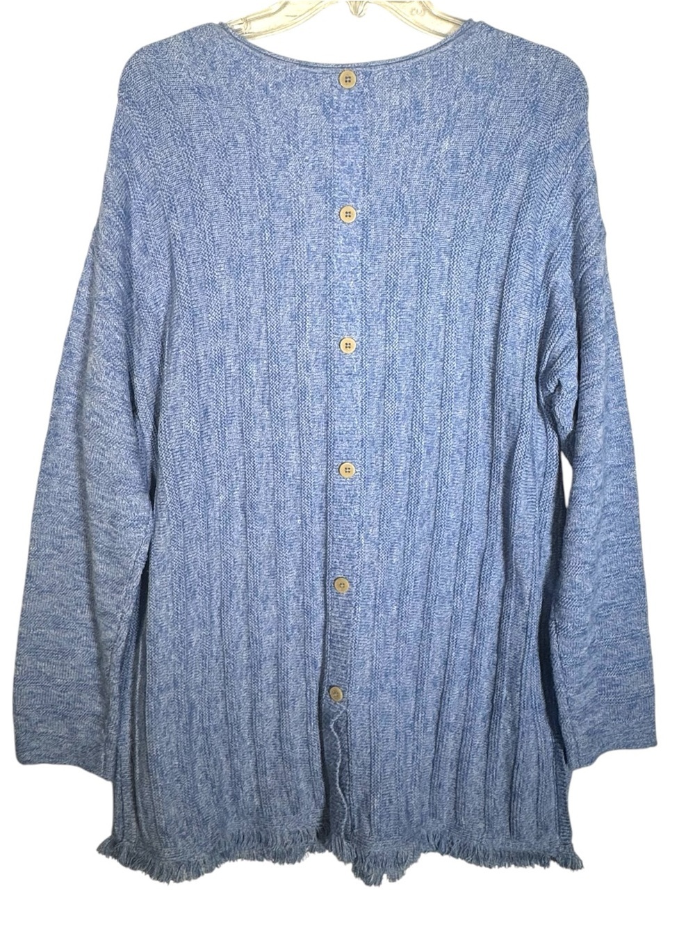 J. Jill Light Blue Fringed Hem Tunic Sweater Back Buttons Side Slits - Picture 2 of 6
